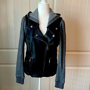 Black faux leather moto jacket with hood, sz M.